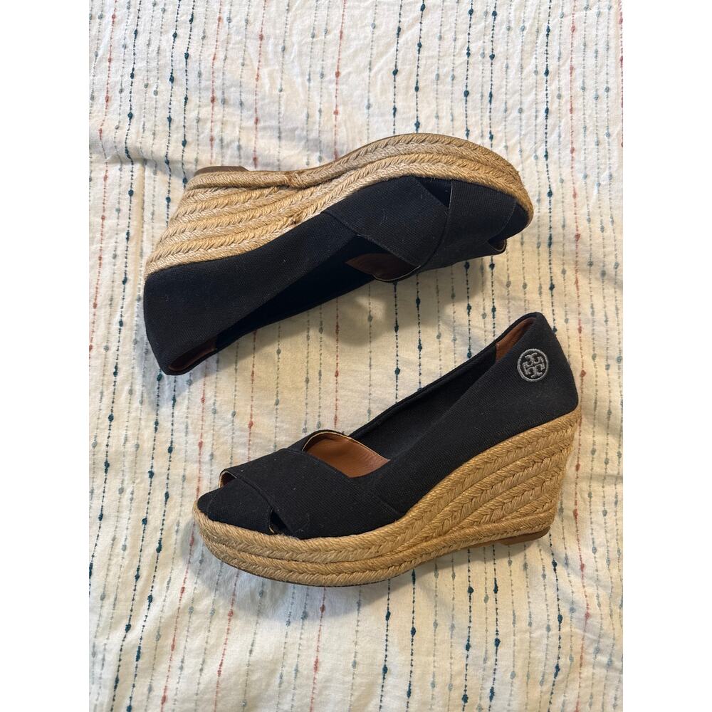 Tory Burch Black Canvas Espadrille Wedge Peep-Toe Sandals